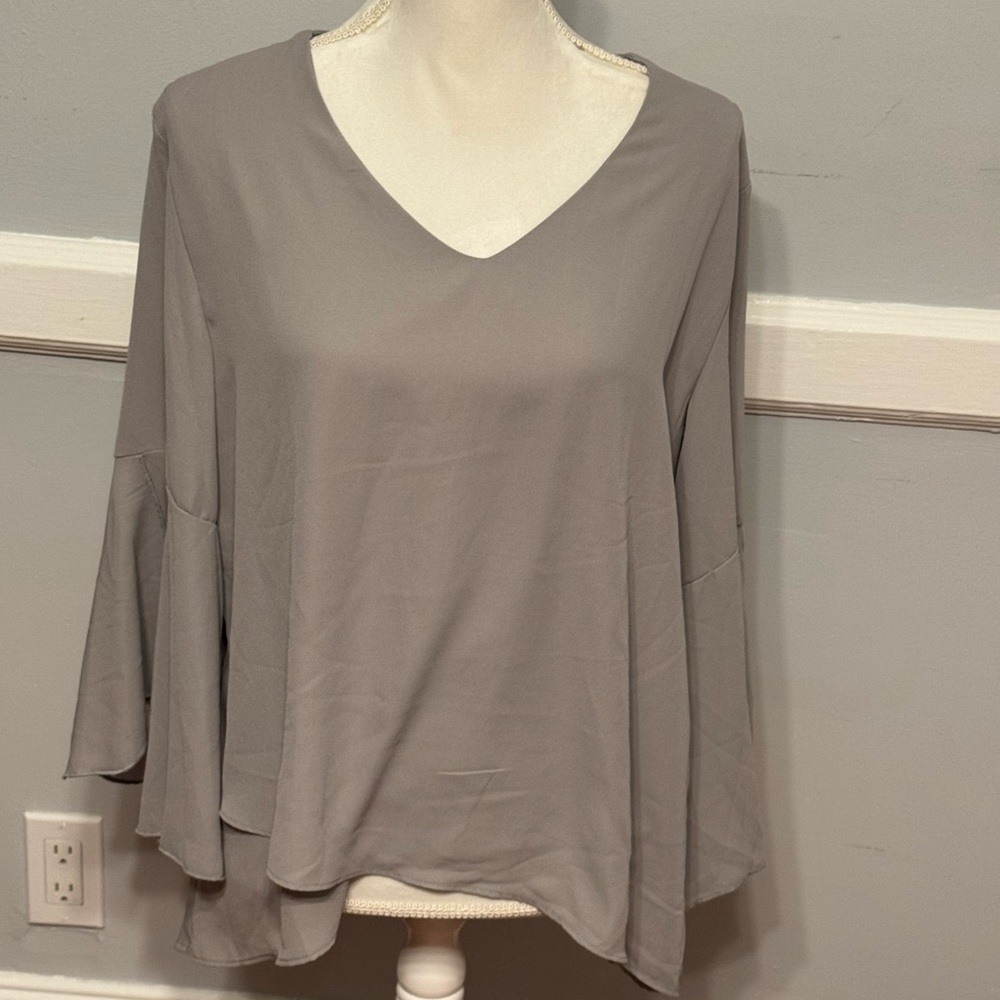 Abollria Gray Asymmetrical Flare Bell Long Sleeve Feminine V Neck Blouse - Picture 2 of 7